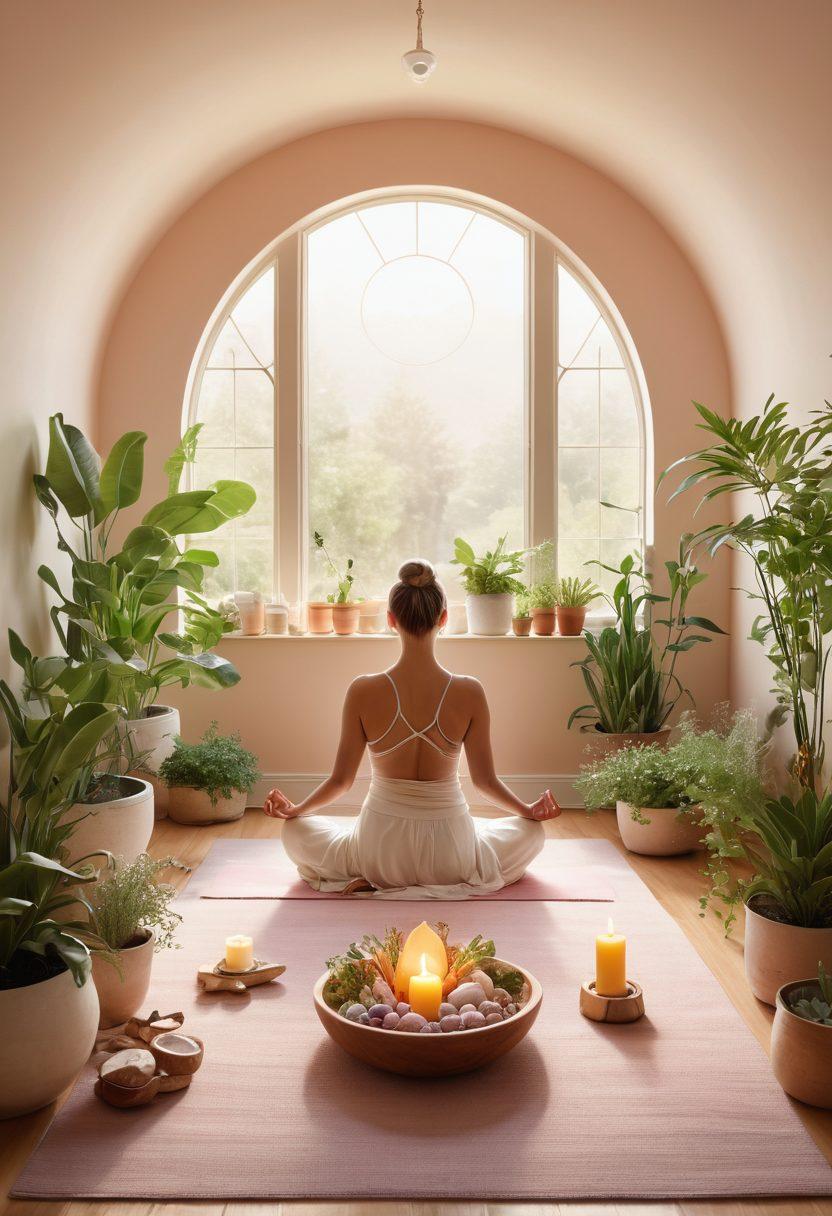 A serene healing environment illustrating holistic cancer care, featuring natural elements like plants, crystals, and gentle lighting. Include a diverse group of people practicing meditation and yoga, alongside nutritious foods and herbal remedies, all conveying a sense of peace and hope. Emphasize warmth and connection among individuals. soft colors. super-realistic. natural light.