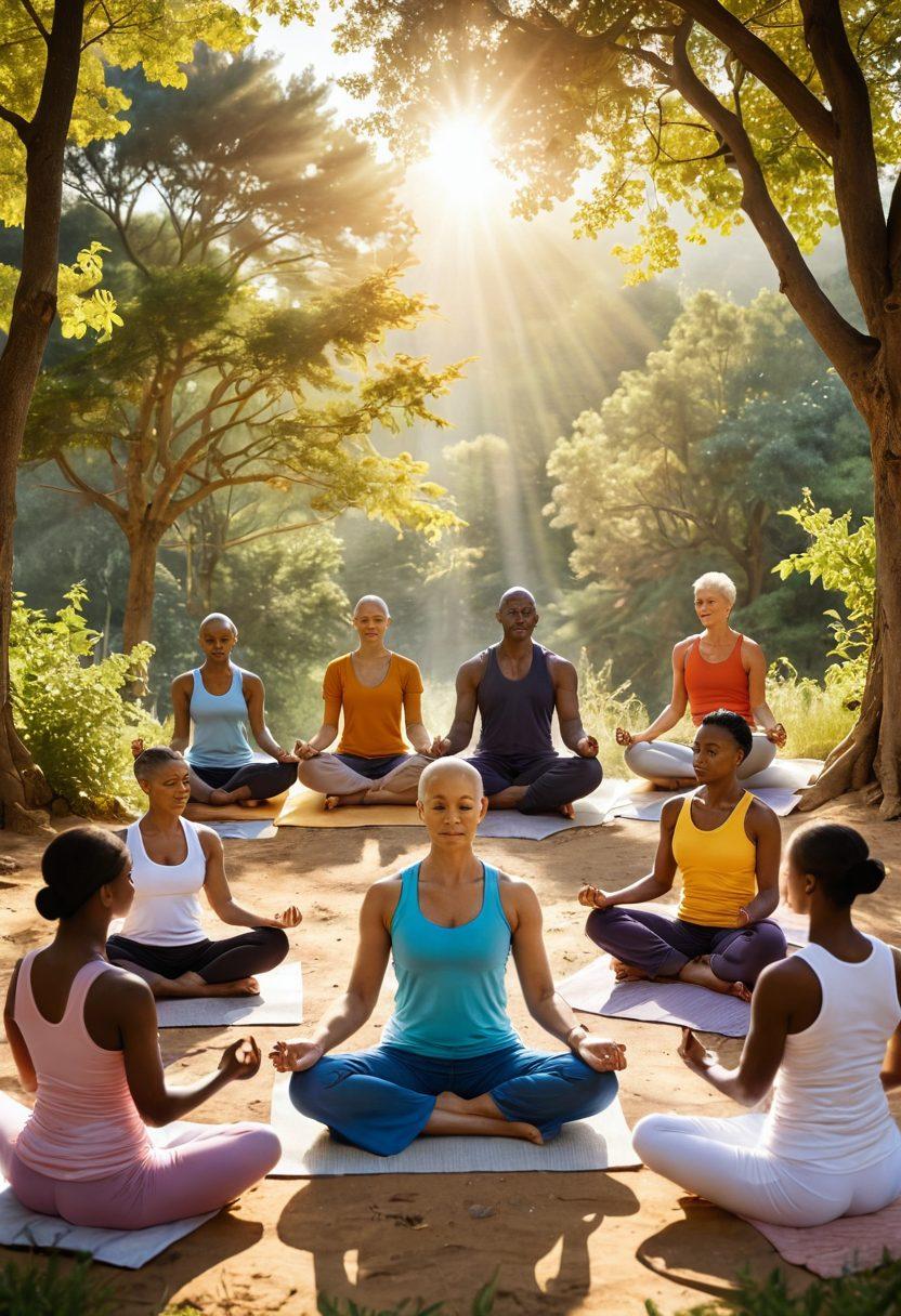 An inspiring scene depicting a diverse group of cancer warriors, unified and resilient, engaging in wellness activities such as meditation, yoga, and healthy cooking. The background features a serene landscape symbolizing hope, with soft golden sunlight filtering through trees. Include gestures of strength and support among the individuals, showcasing their journey together. vibrant colors. super-realistic.
